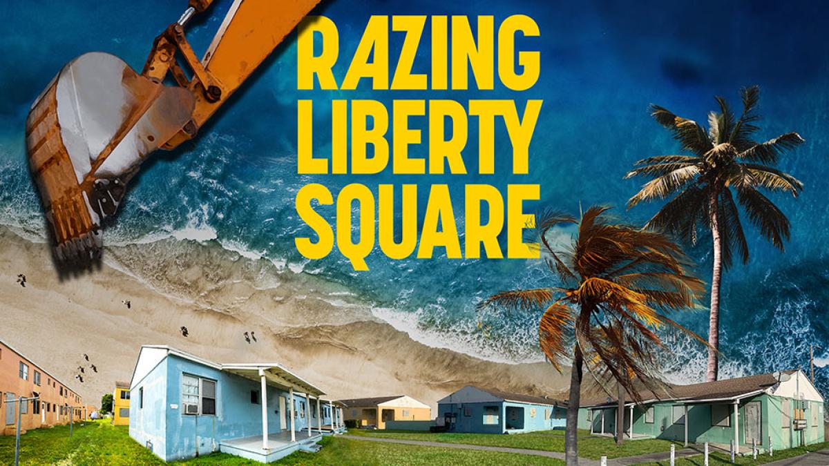 The Razing Liberty Square poster, featuring the title, a house, the beach, and an excavator