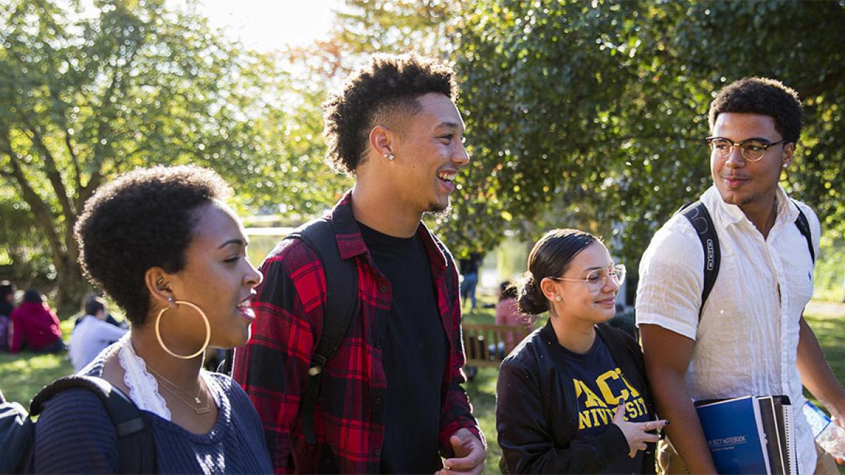 Student walking on the Pace University, Pleasantville campus