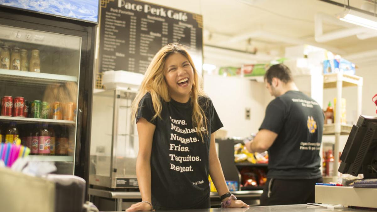 Pace students working at the Pace Perk Cafe