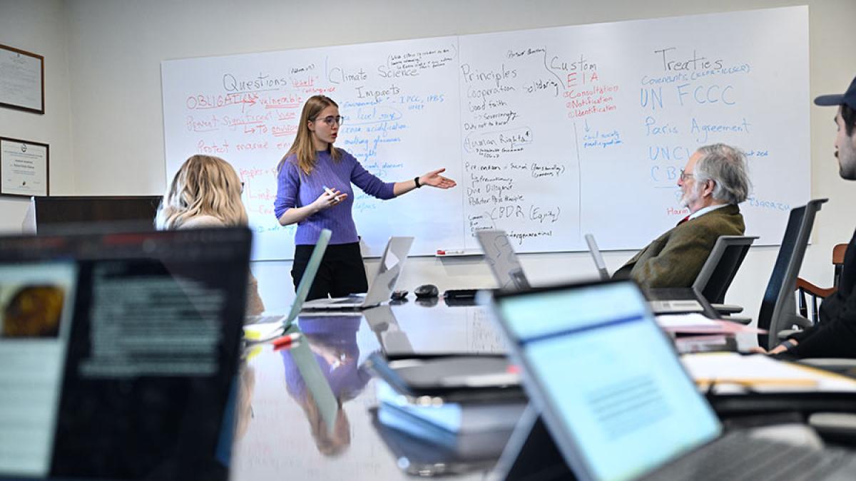 Elisabeth Haub School of Law student presenting to professors