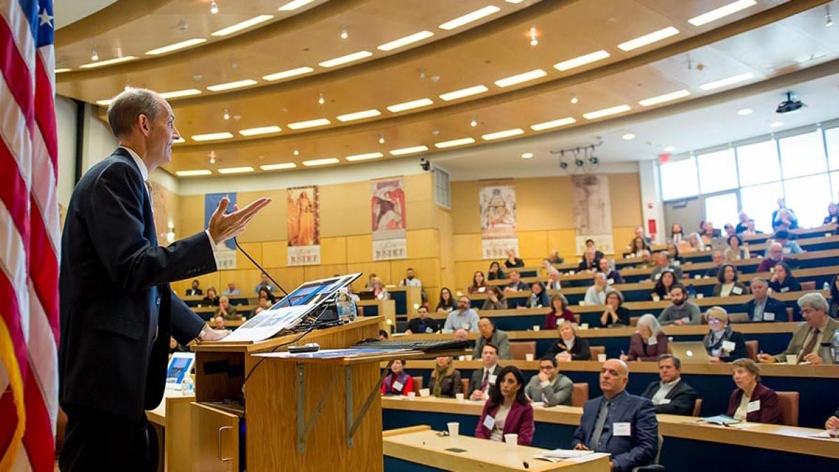 Speaker in front of an audience at the Alfred B. DelBello Land Use and Sustainable Development Conference held at the Elisabeth Haub School of Law