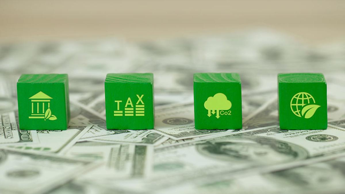 Four green cubes with tax graphics imprinted.