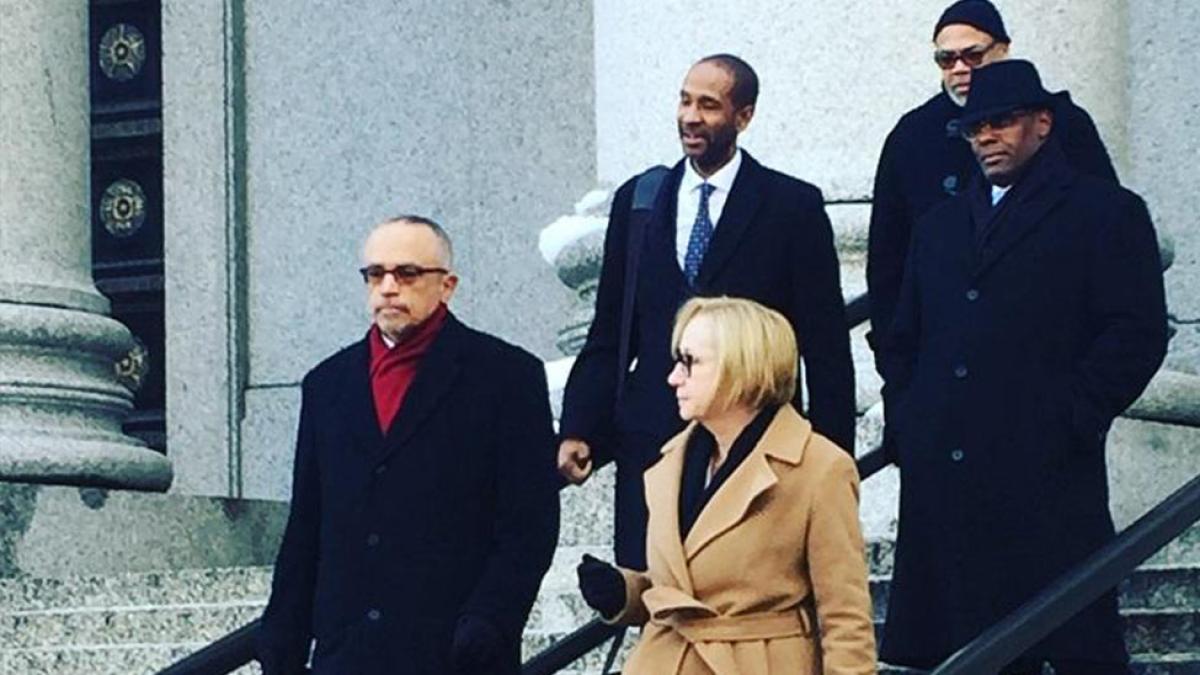 Elisabeth Haub School of Law Professors McLaughlin and Cohen, with three trial attorneys exiting court steps