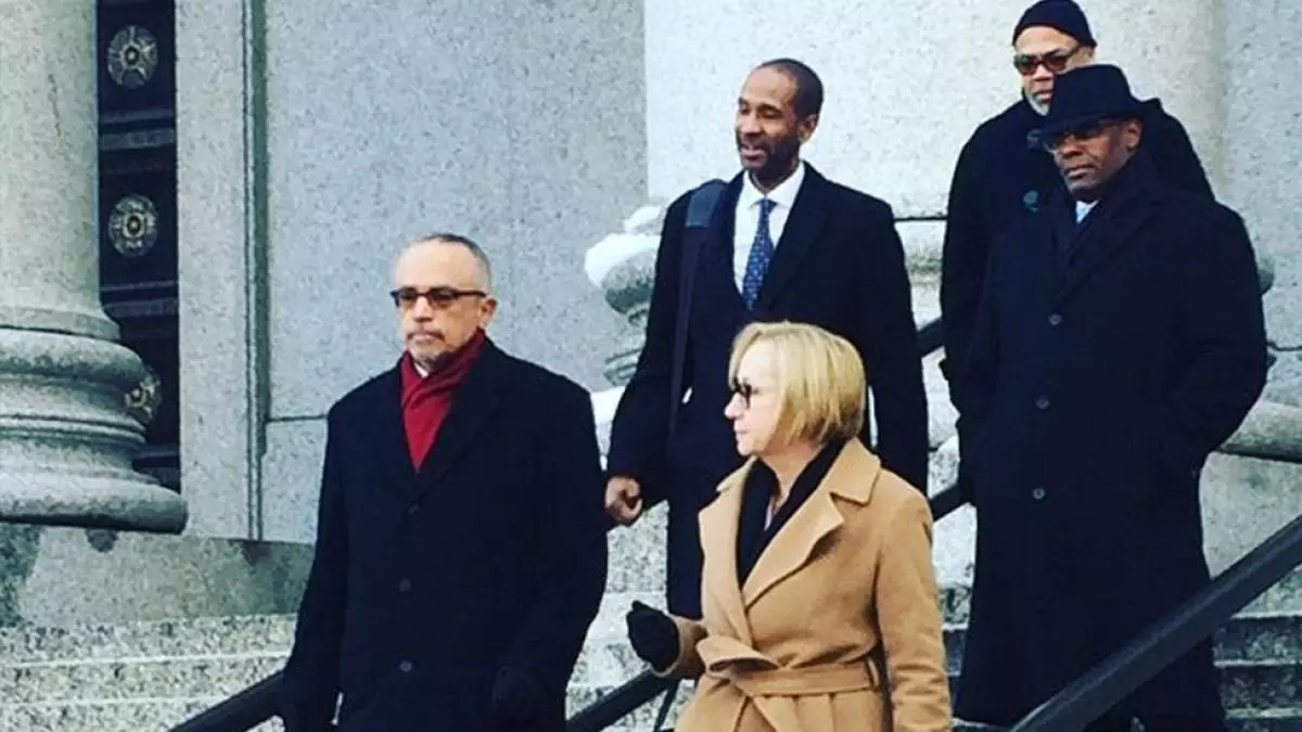 Elisabeth Haub School of Law Professors McLaughlin and Cohen, with three trial attorneys exiting court steps