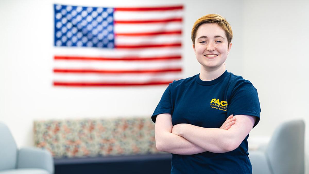 Pace University student Abby Arena in Pace's New York City Student Veterans Center.