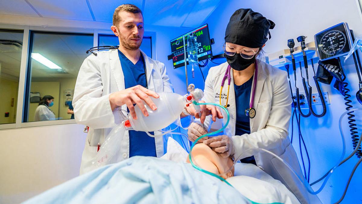 Pace University College of Health Professions Nurse practitioner students participating in simulation lab activities.