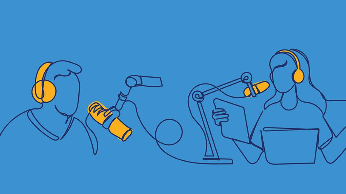 Linedrawing of people recording a podcast.