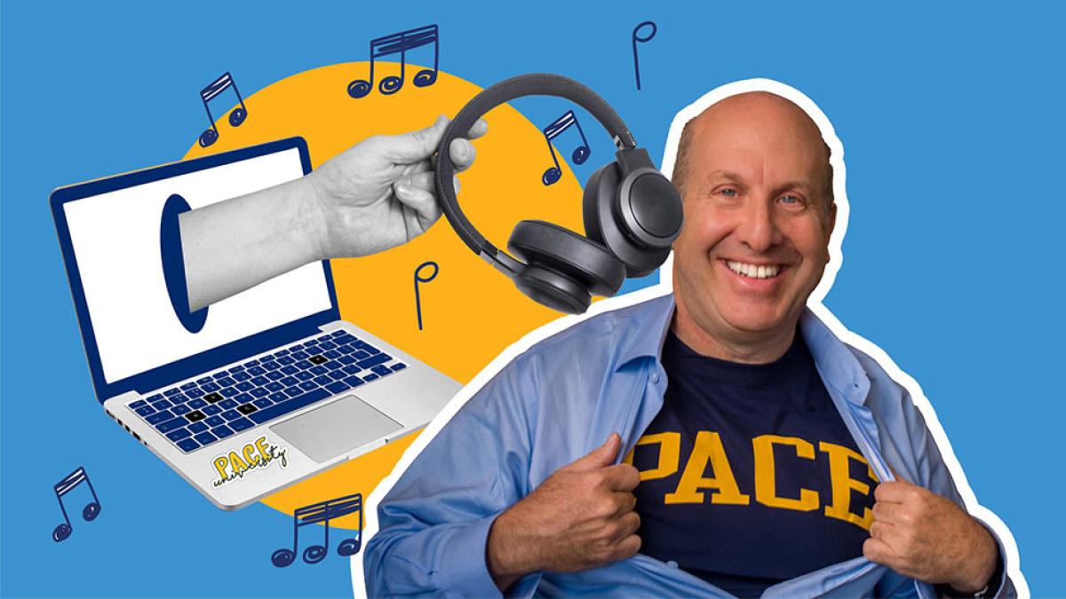 Stylized illustration of President Krislov sharing a playlist.