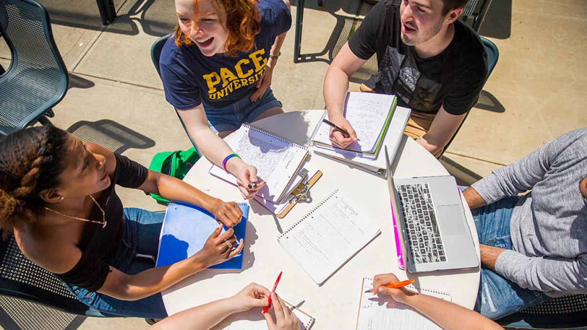Pace University students studying at a round table.