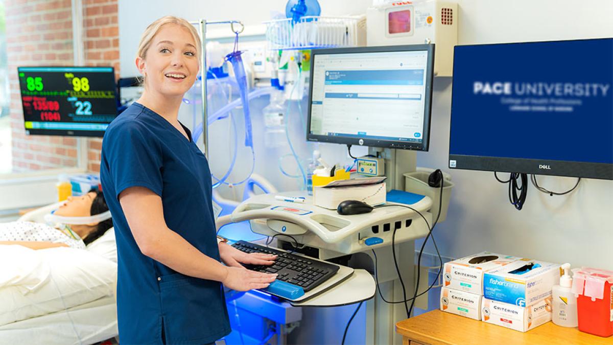 Pace University College of Health Professions undergraduate nursing student in the simulation lab.