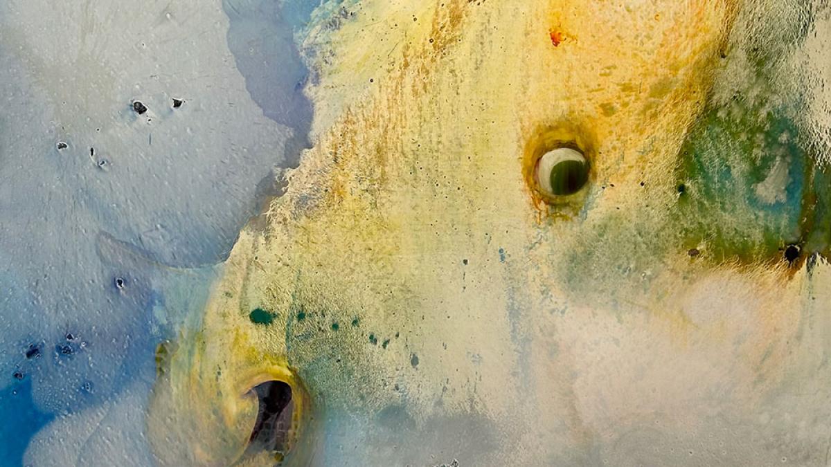 Abstract art with blue and gold called Peripheral Vision by Pace University art faculty Barbara Friedman