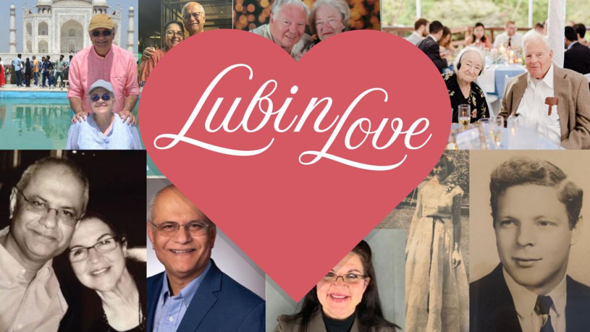 small banner banner with a collage of Lubin School of Business and Seidenberg School alumni with a centered heart that says "Lubin Love" representing the idea of Valentine's Day