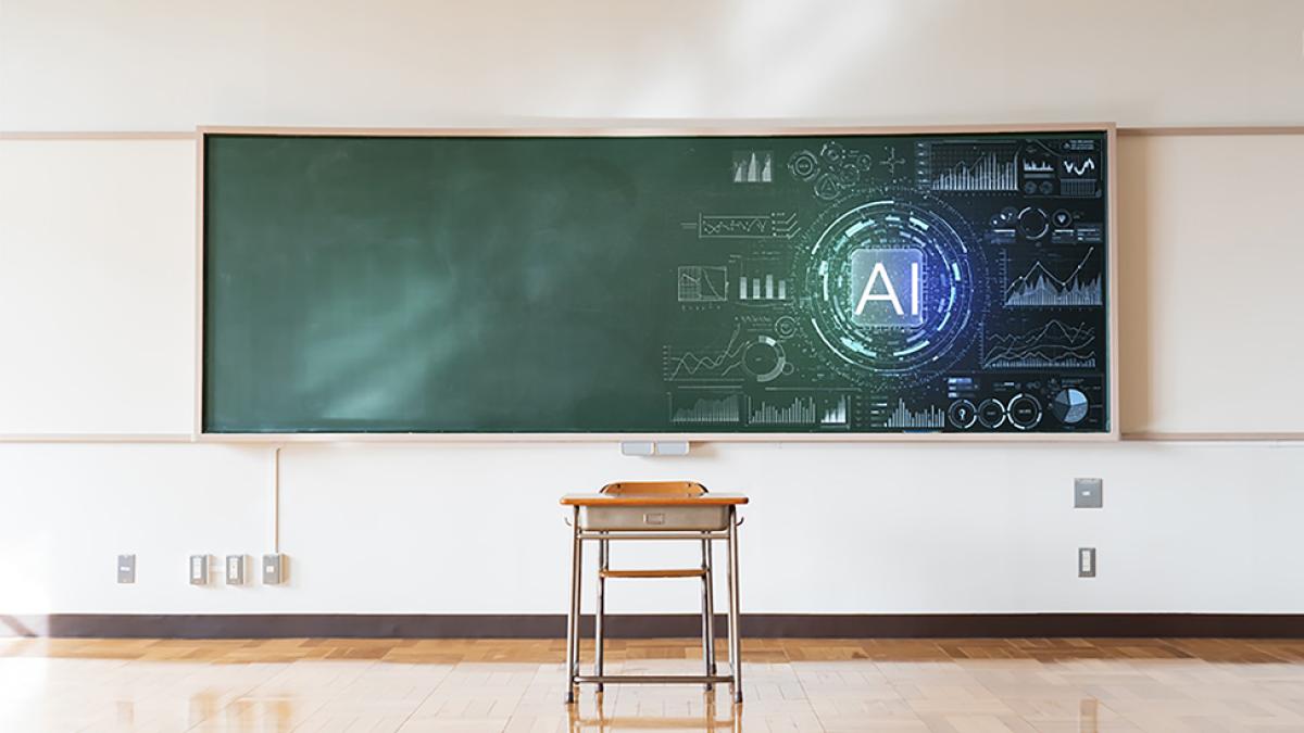 Classroom with a blackboard that's morphing into an AI digital illustration.