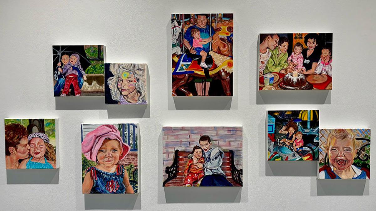A group of paintings of family members by student Concordia Zito on display at the Pace University Right Click Select All Project Studio Student Thesis Exhibition in the Pace Art Gallery