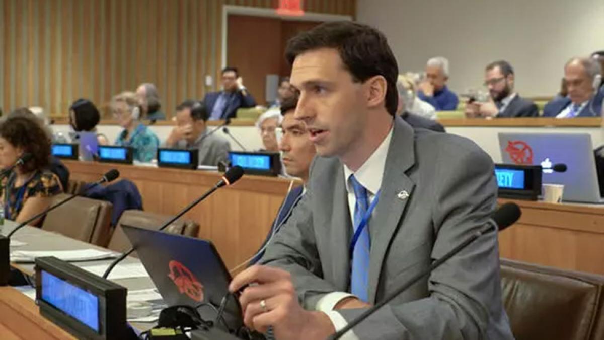 Pace University Political Science Professor and International Disarmament Institute Co-director Matthew Bolton, PhD, speaking at United Nations