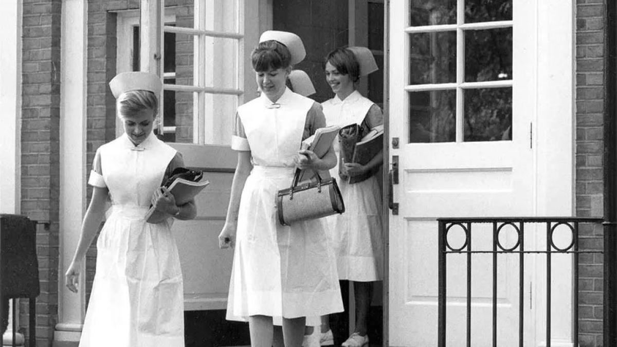 1960's Nurses exiting Dyson Hall on the Pace University campus in Pleasantville, New York.