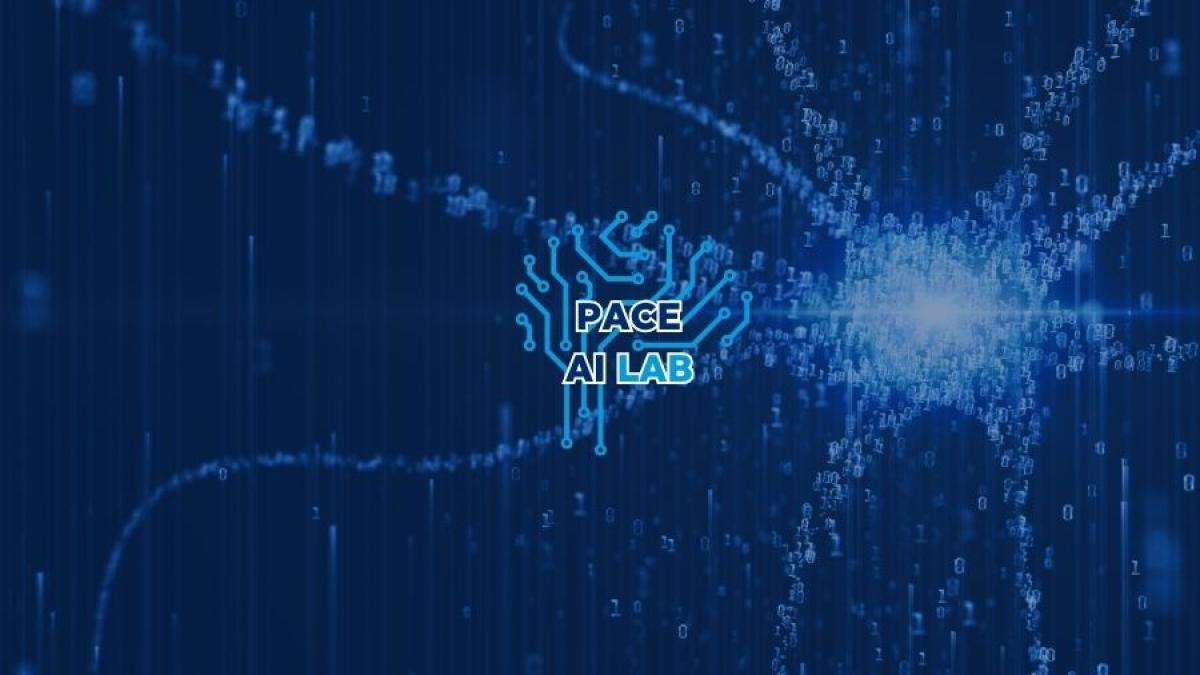 A stream of data on a dark surface representing AI, with the Pace AI Lab logo placed on top of the image.