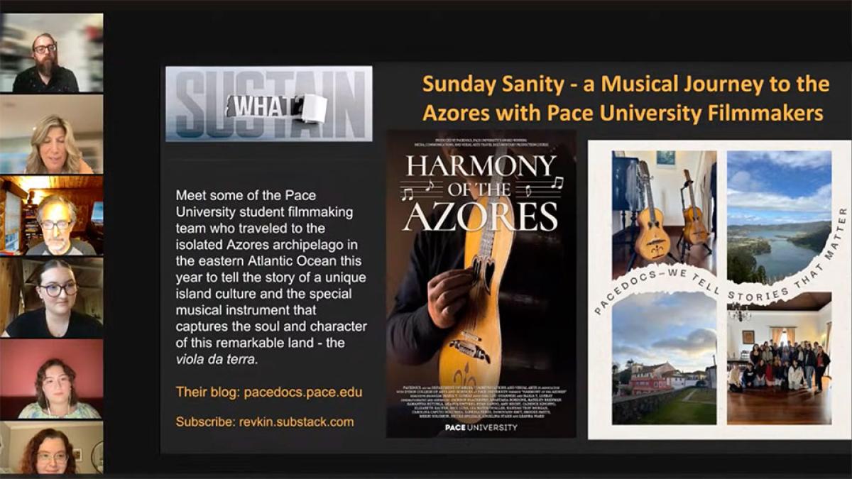 Screenshot of Sunday Sanity podcast on YouTube with students, faculty, and information about PaceDocs and the documentary Viola de Terra