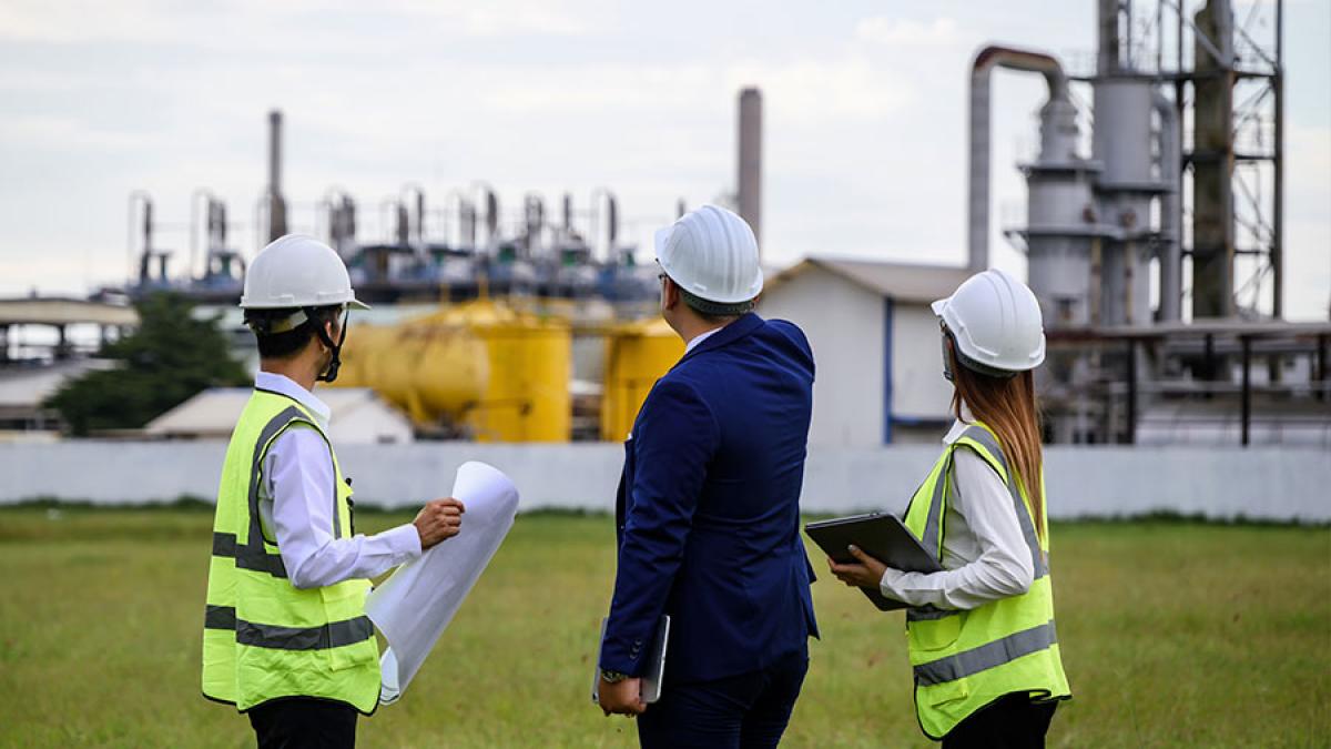 Workers and consultant wearing hard hats at energy power plant.