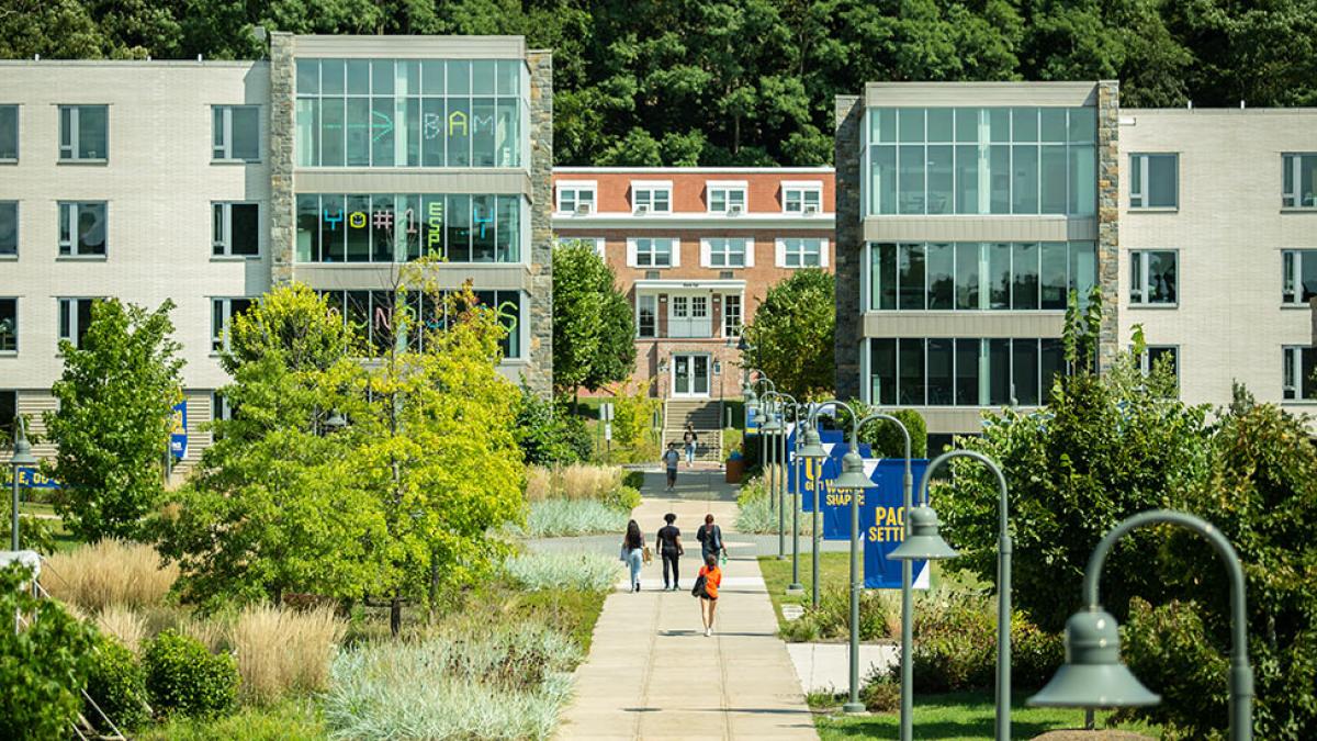 Wide angle photo of the Pace University dorms in Pleasantville, NY.