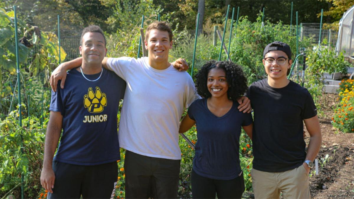 Group of Pace University Environmental Studies and Science students standing by the organic garden