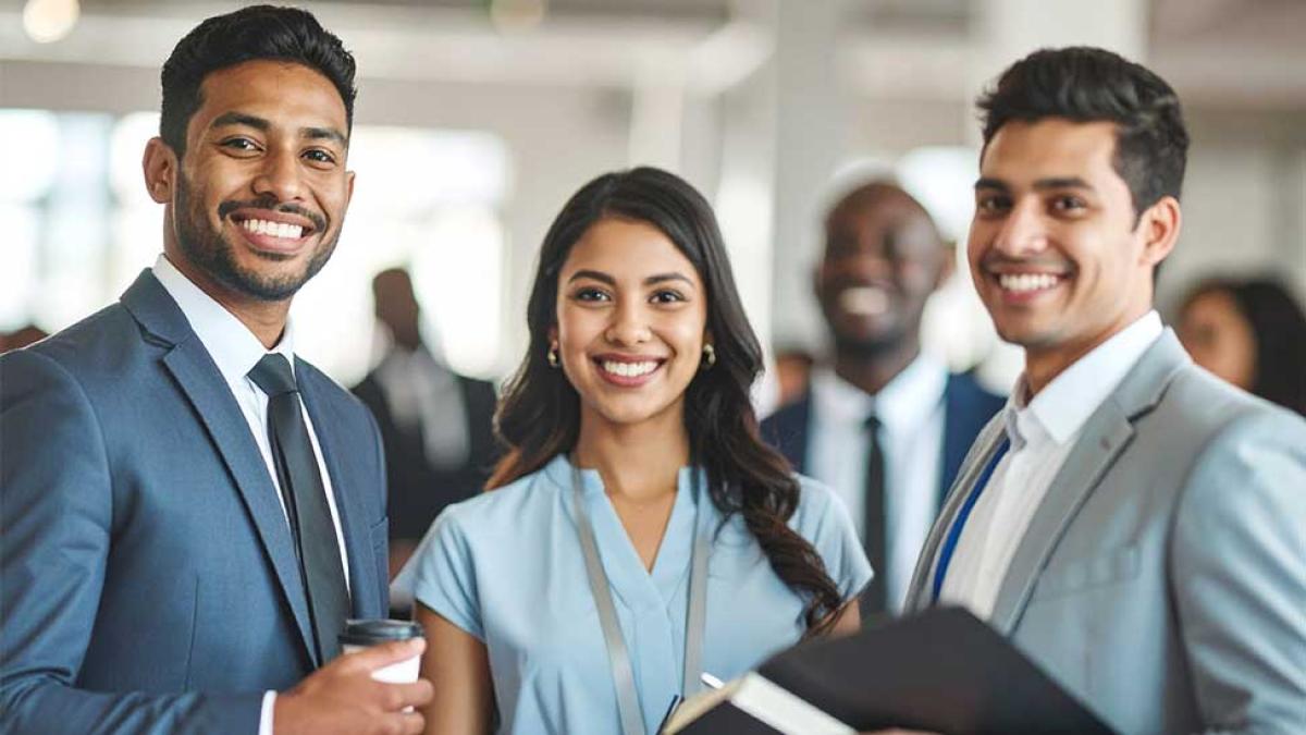 Group of students in professional dress at public event similar to a conference