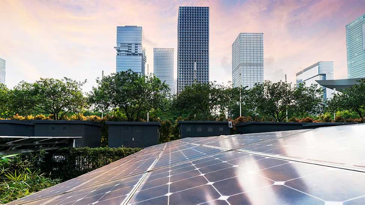 Solar panels overlooking a city landscape