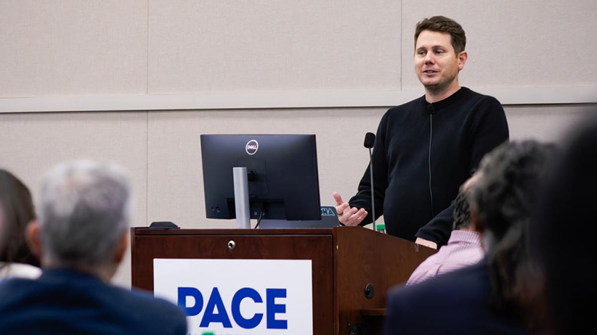 Charles Elliot, head of industry at Google Cloud speaking at Pace University