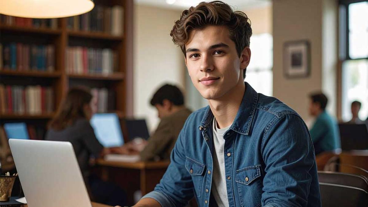 Male students on laptop in a library
