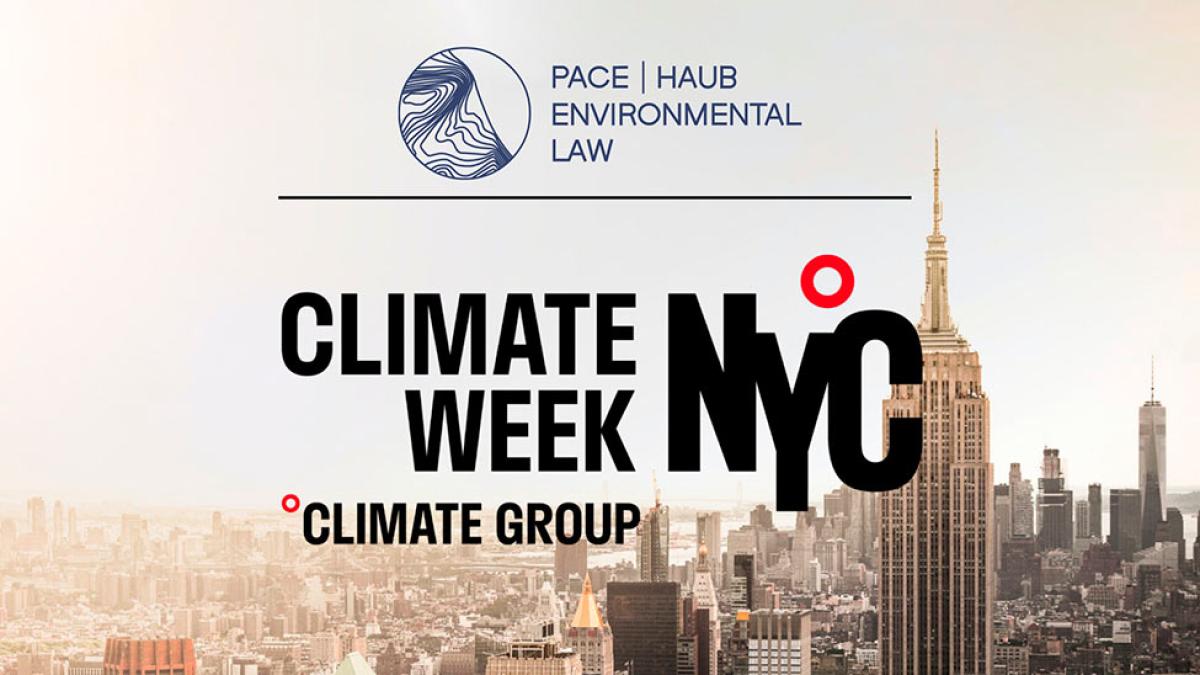 New York City sky scape with climate week NYC climate group logo and pace Haub environmental law logo