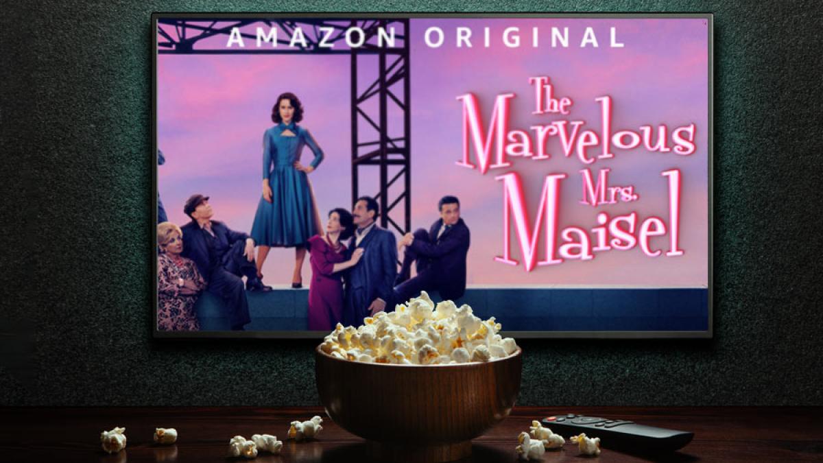 The Marvelous Mrs. Maisel on a TV screen with a bowl of popcorn and remote control.