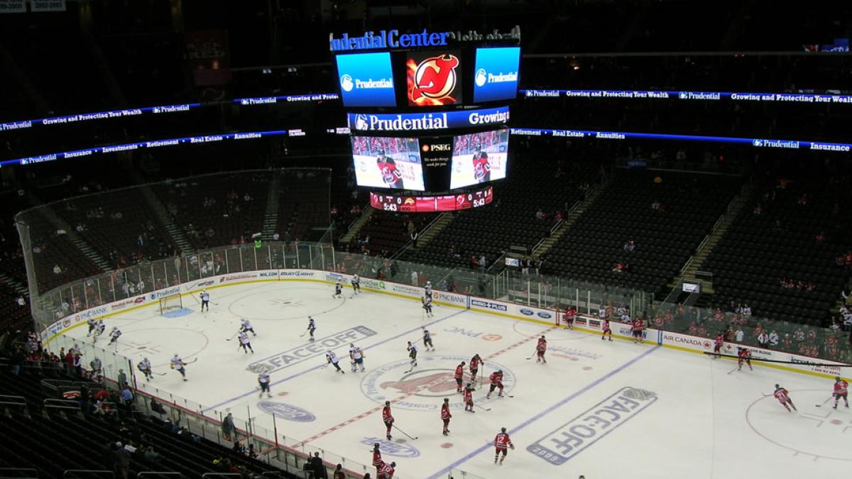 Overhead of the Prudential Center hockey rink.