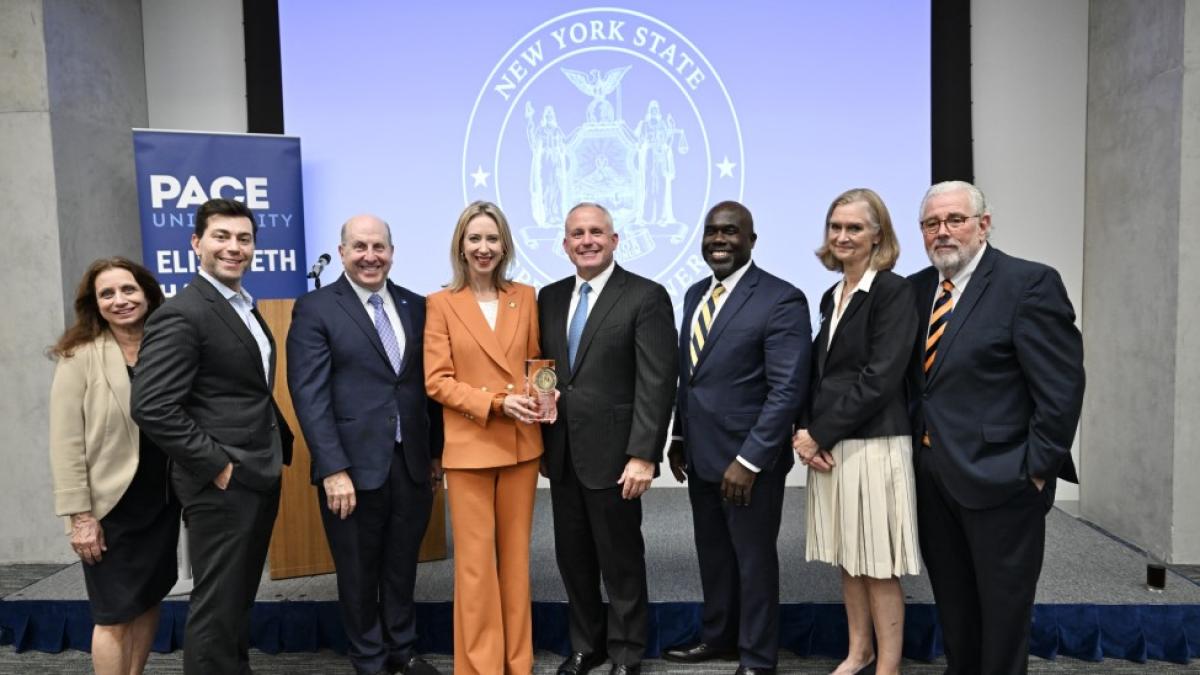 Elisabeth Haub School of Law at Pace University Dean Horace Anderson, Pace University President Marvin Krislov, trustees, alumnus Robert Tucker, awardee Lucy Lang, and others at the 2025 Tucker Prize