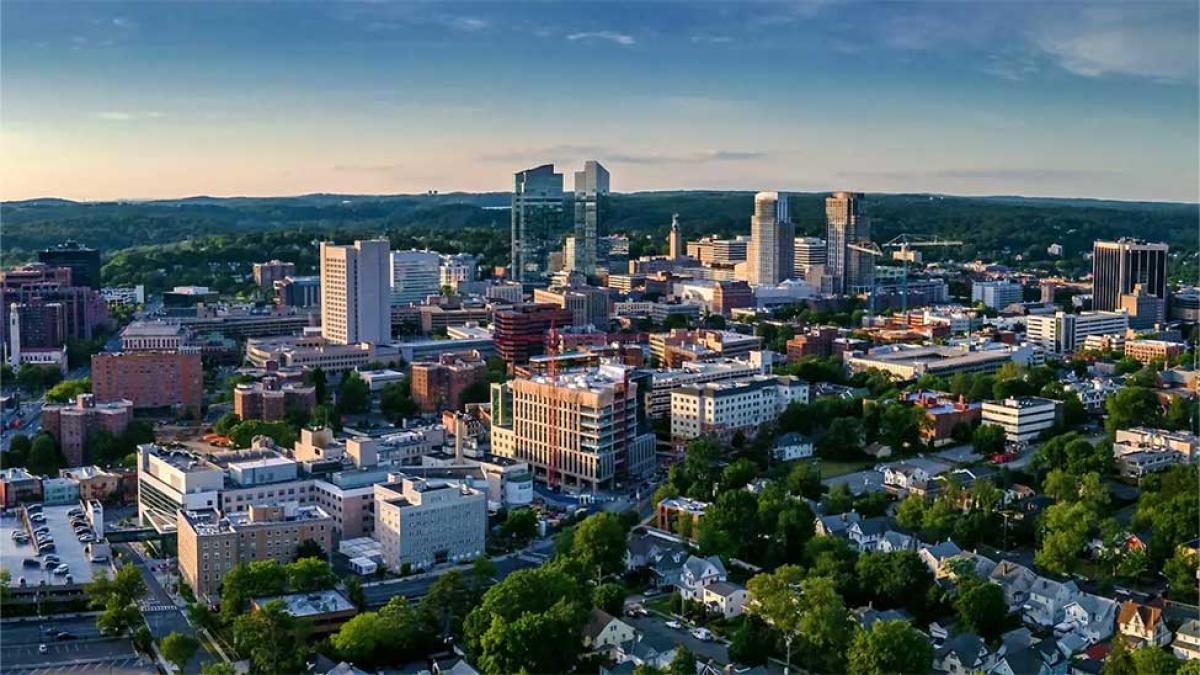 Aerial view of the city of White Plains, NY
