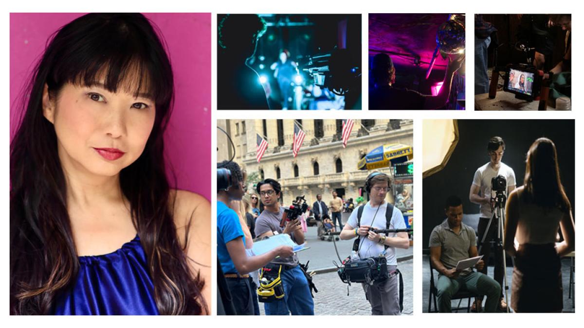 Collage of images featuring Di Quon Wilms and on-set images from student film shoots.