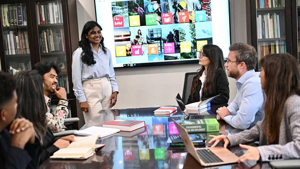 Professor Maria Lambert teaching Pace Haub Law LLM class