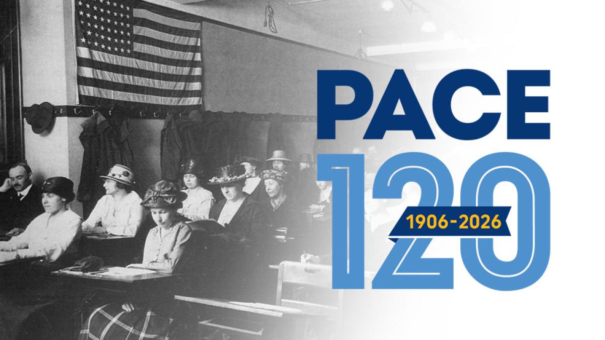Vintage black and white photo of a Pace classroom with Pace 120 wordmark over it.