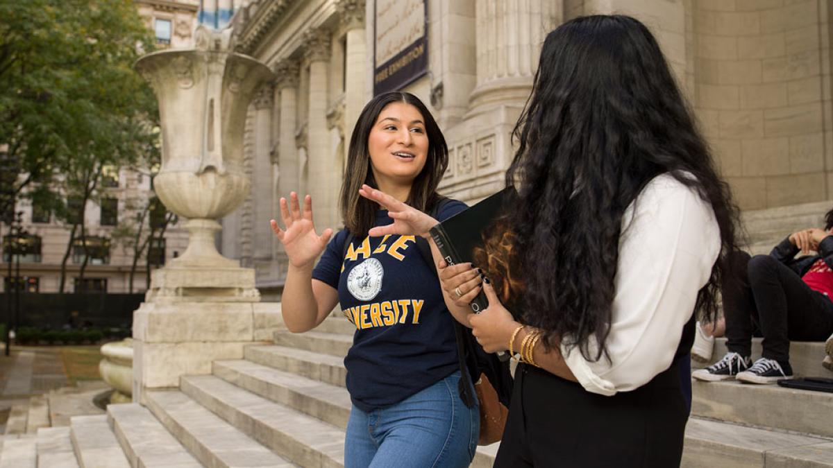 Pace students walking down a set of stairs and talking.