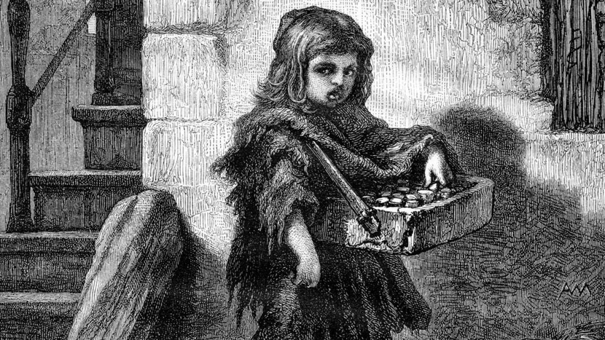 Little Match Girl in Amsterdam, vintage engraved illustration. Magasin Pittoresque 1867.