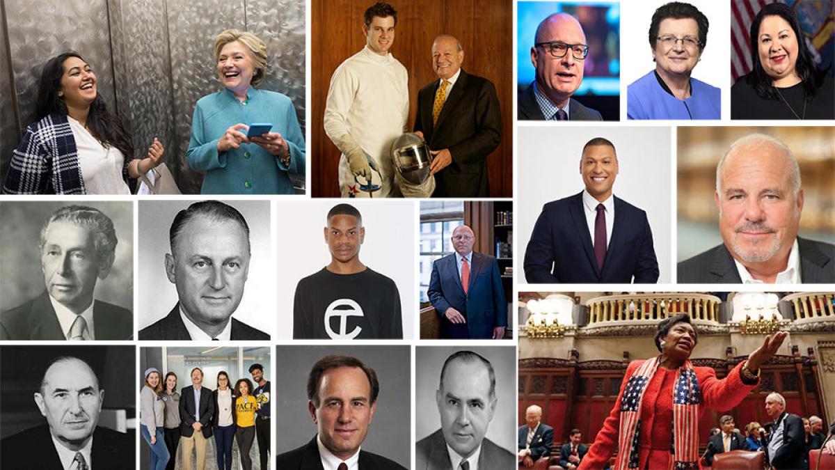 Collage featuring headshots of sixteen different Pace alumni.