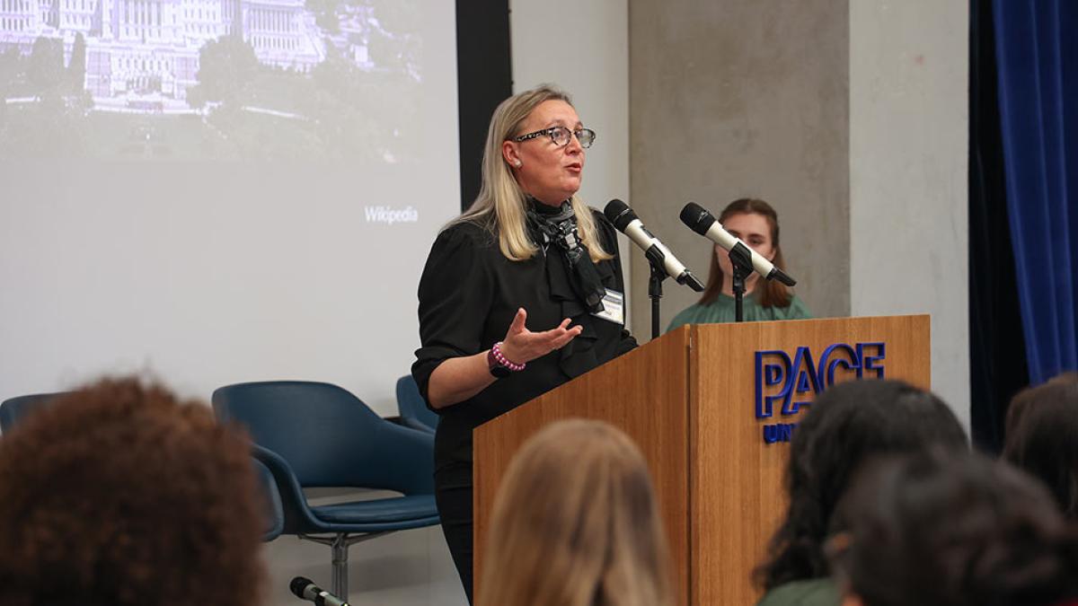 Christelle Scharff speaks at Pace University’s Spring 2025 Undergraduate Research and Creative Inquiry Day on Thursday, May 1, 2025.