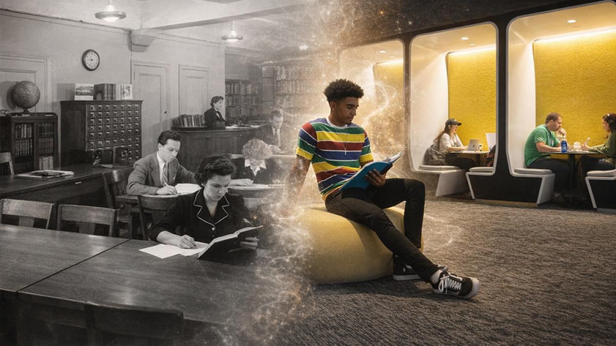 Artistic blend of a vintage 1938 photo of the Pace Library remixed with a current photo of students studying in One Pace Plaza.