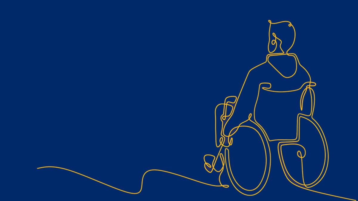 Line drawing of a person in a wheel chair.