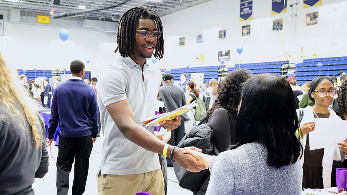 A Pace University student connects with an employer at the Spring 2026 Job and Internship Career Fair.