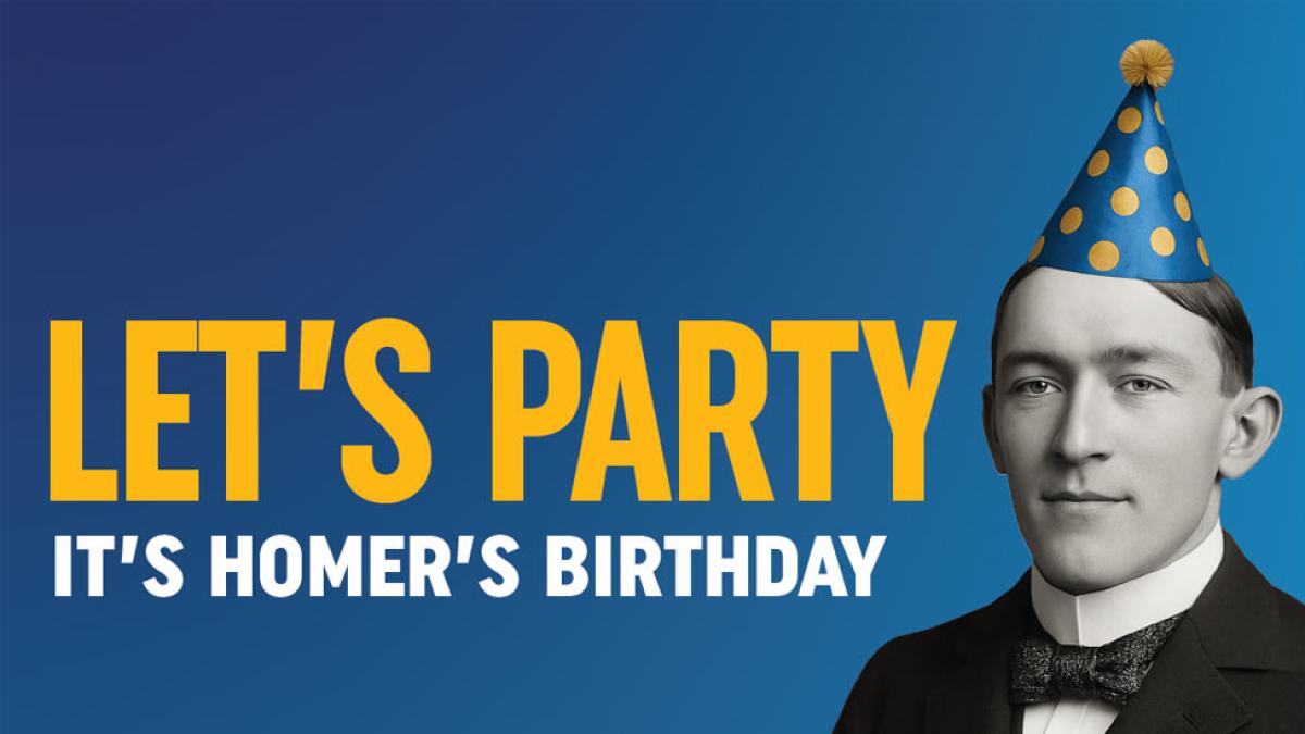 Let's Party! It's Homer's Birthday! With an image of Homer Pace in a party hat.