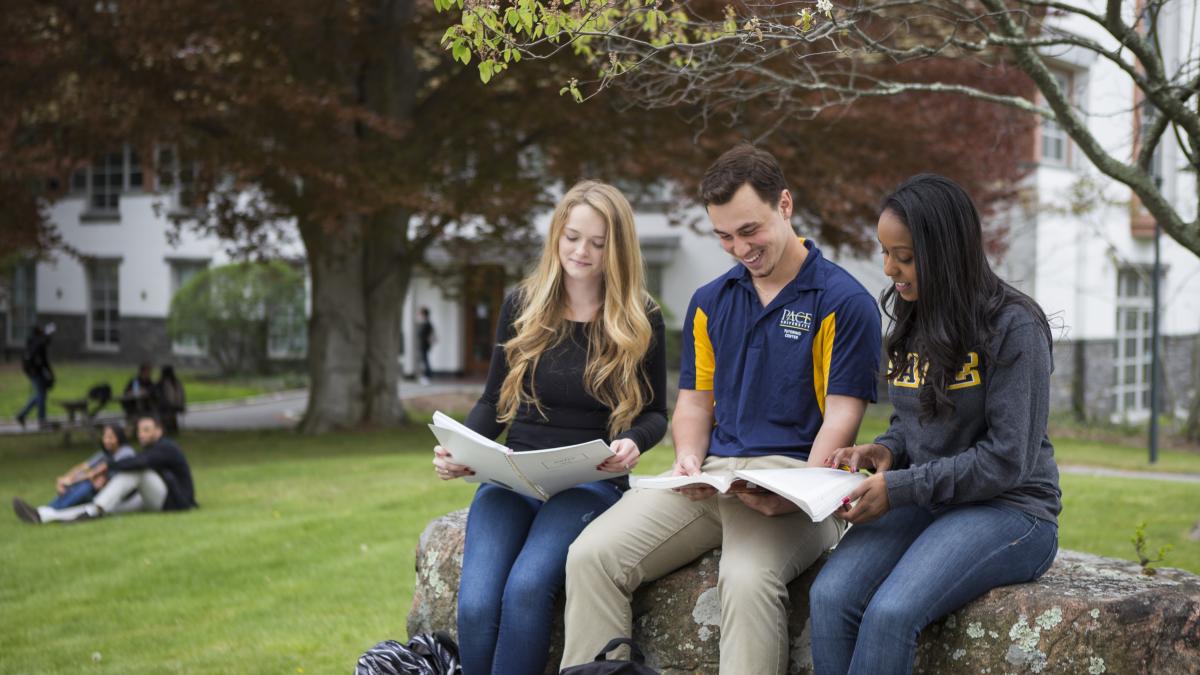 three Pace University students sitting on the lawn of the Pleasantville Campus