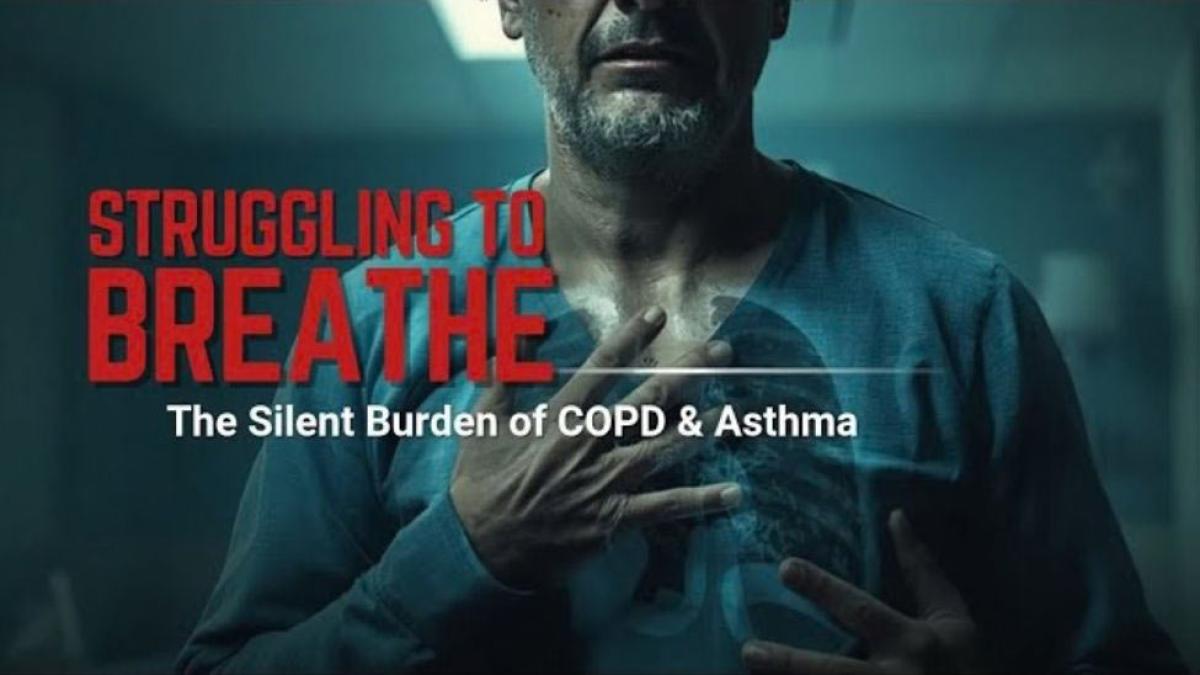 Person holding their chest with the words struggling to breathe