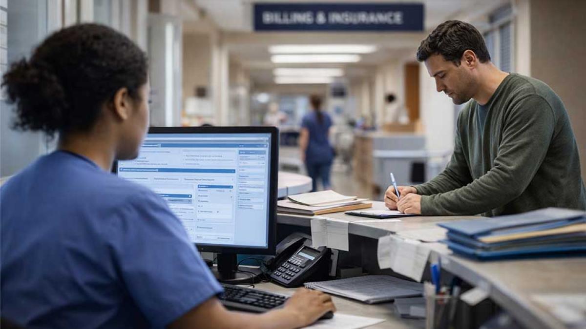 Receptionist at a hospital helping a patient