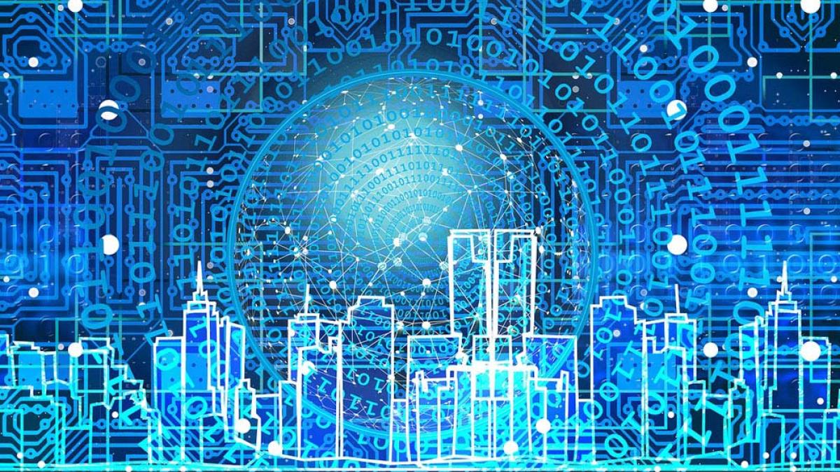 abstract image representing data science with binary numbers, globe, and city skyline