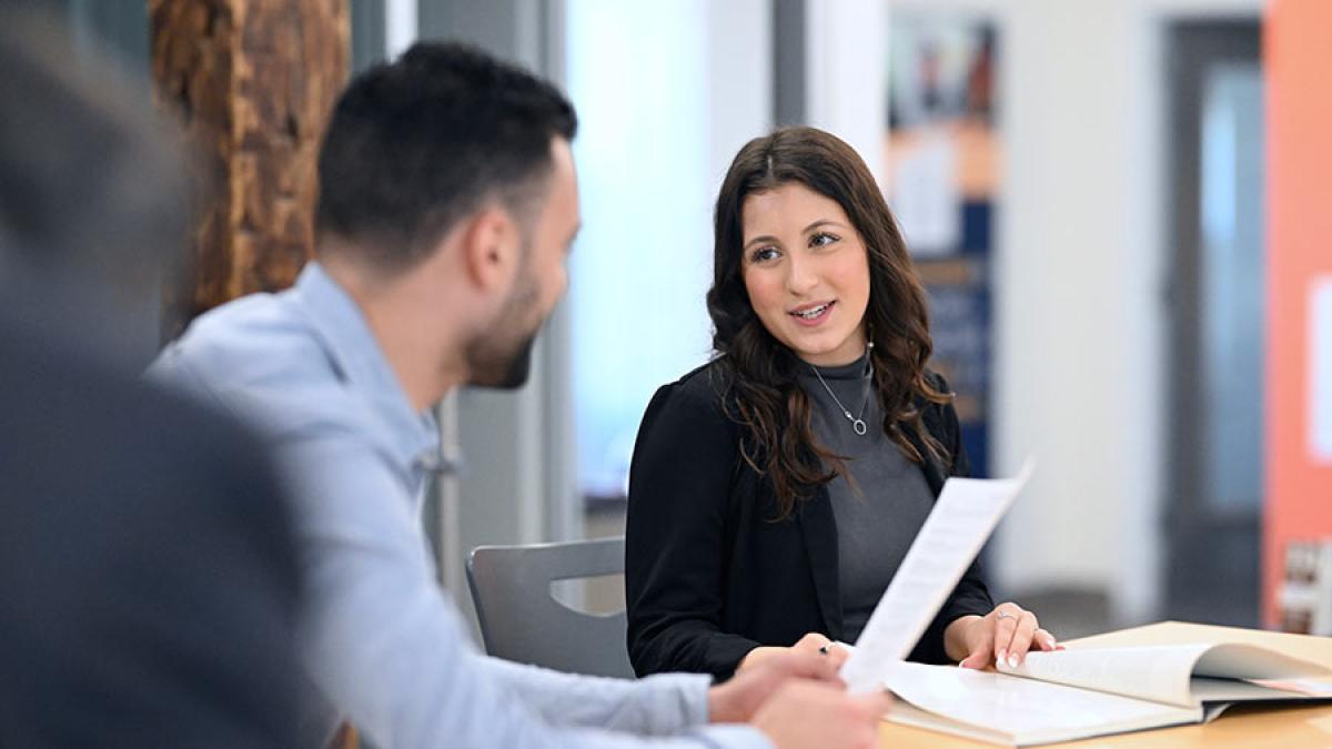 two Lubin students studying in the Student Center of One Pace Plaza on the New York City Campus